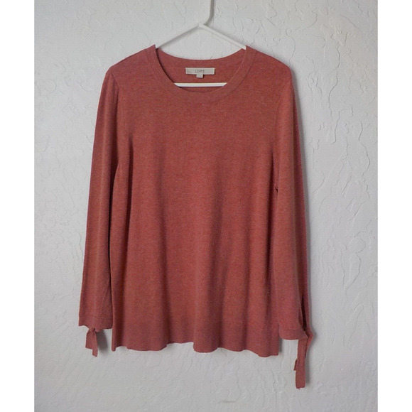 LOFT Wool Blend Pink Knit Tunic Sweater Lace Tie Cuffs Women size XL Round Neck - Picture 2 of 10